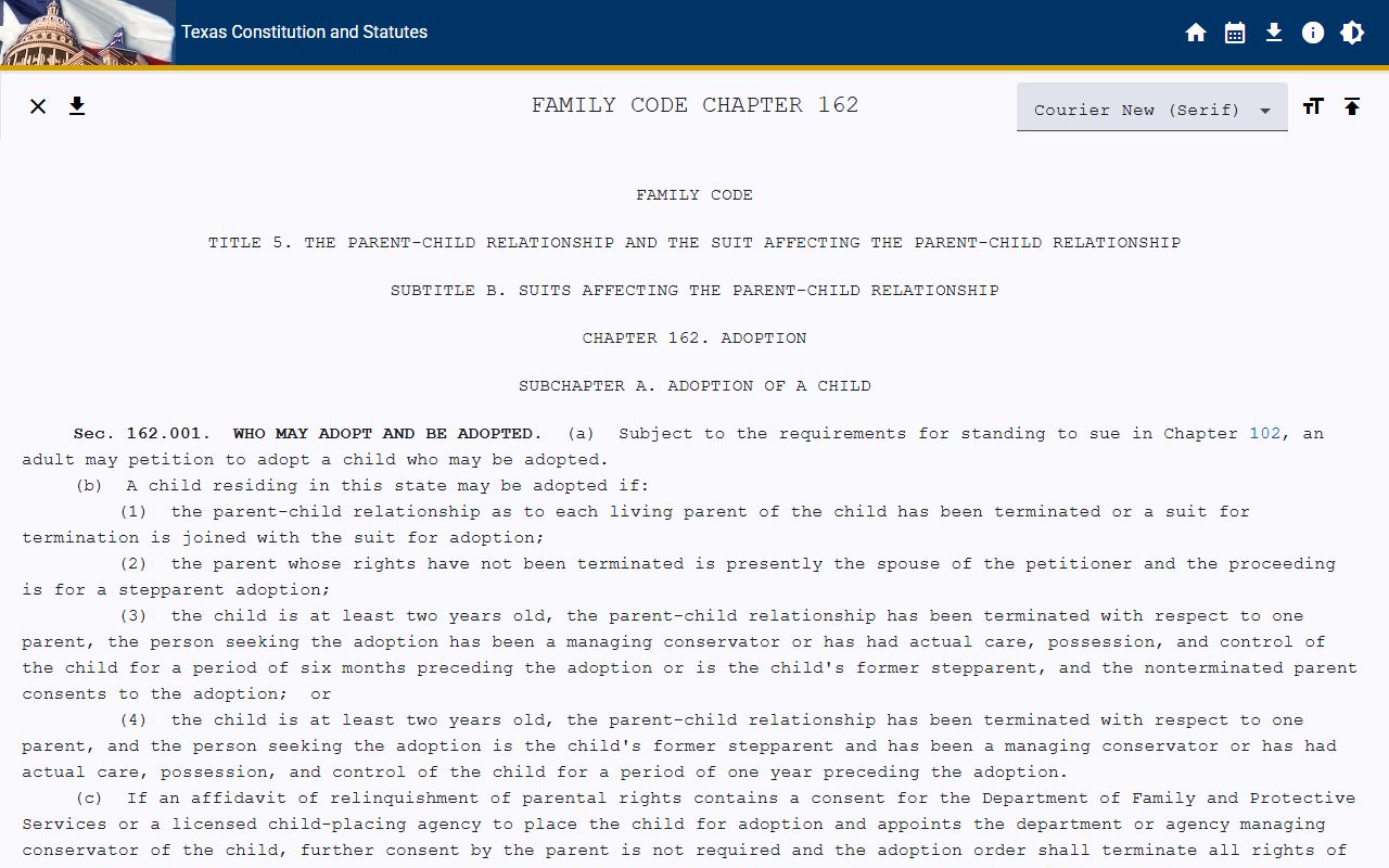 Texas Family Code Chapter 162 page on confidential adoption records relevant to Cameron County court records