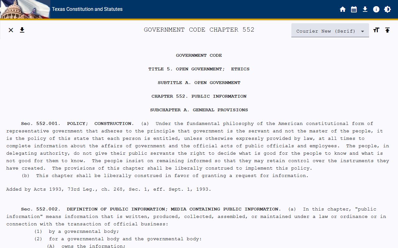 Texas Government Code Chapter 552 page covering Cameron County court records access
