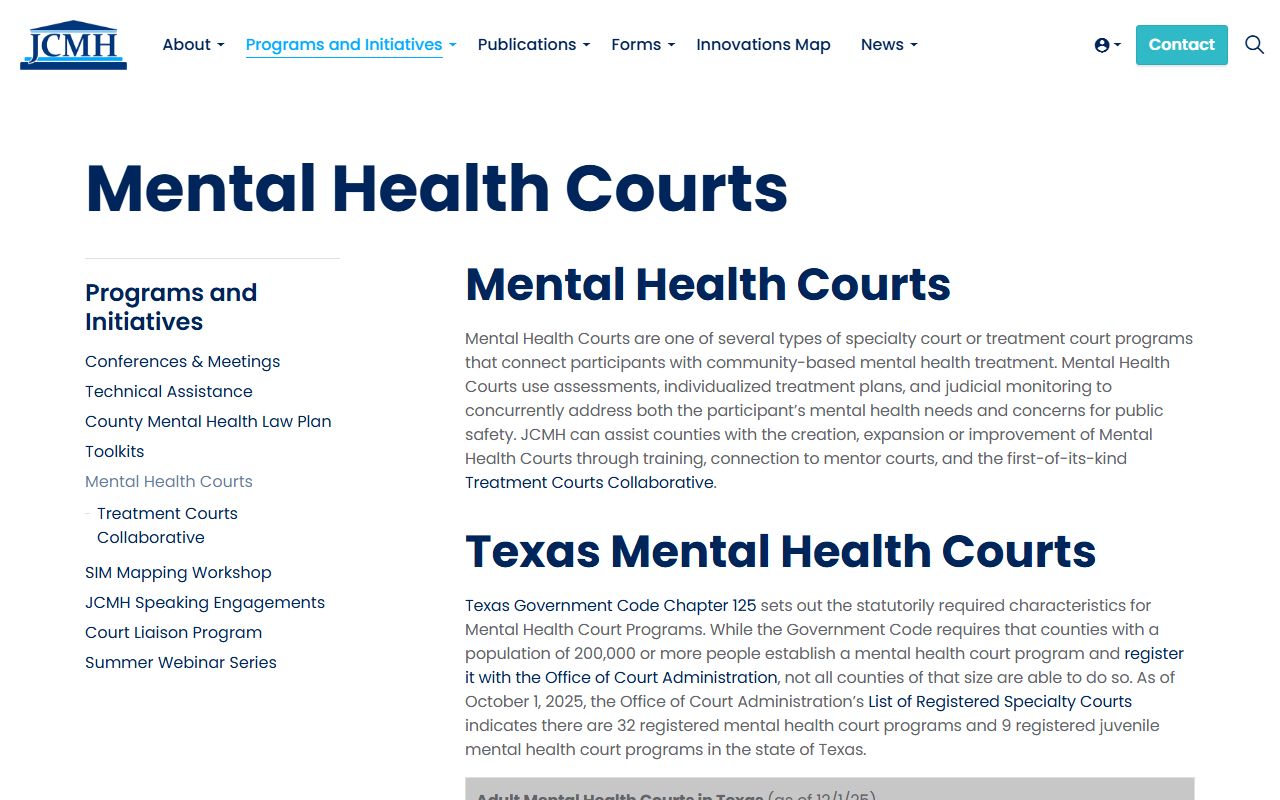 Texas Judicial Commission on Mental Health page listing the Cameron County Mental Health Divert Court