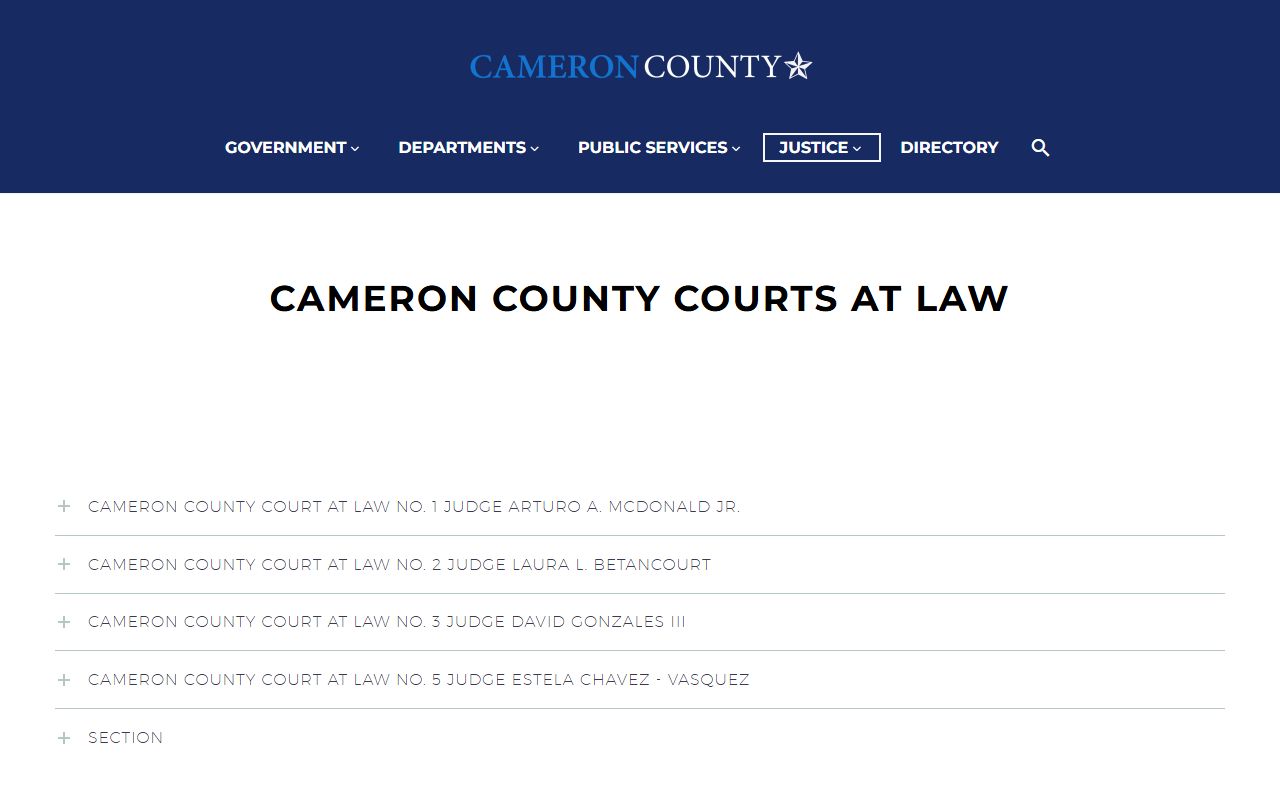 Cameron County Courts at Law page listing county court records and dockets