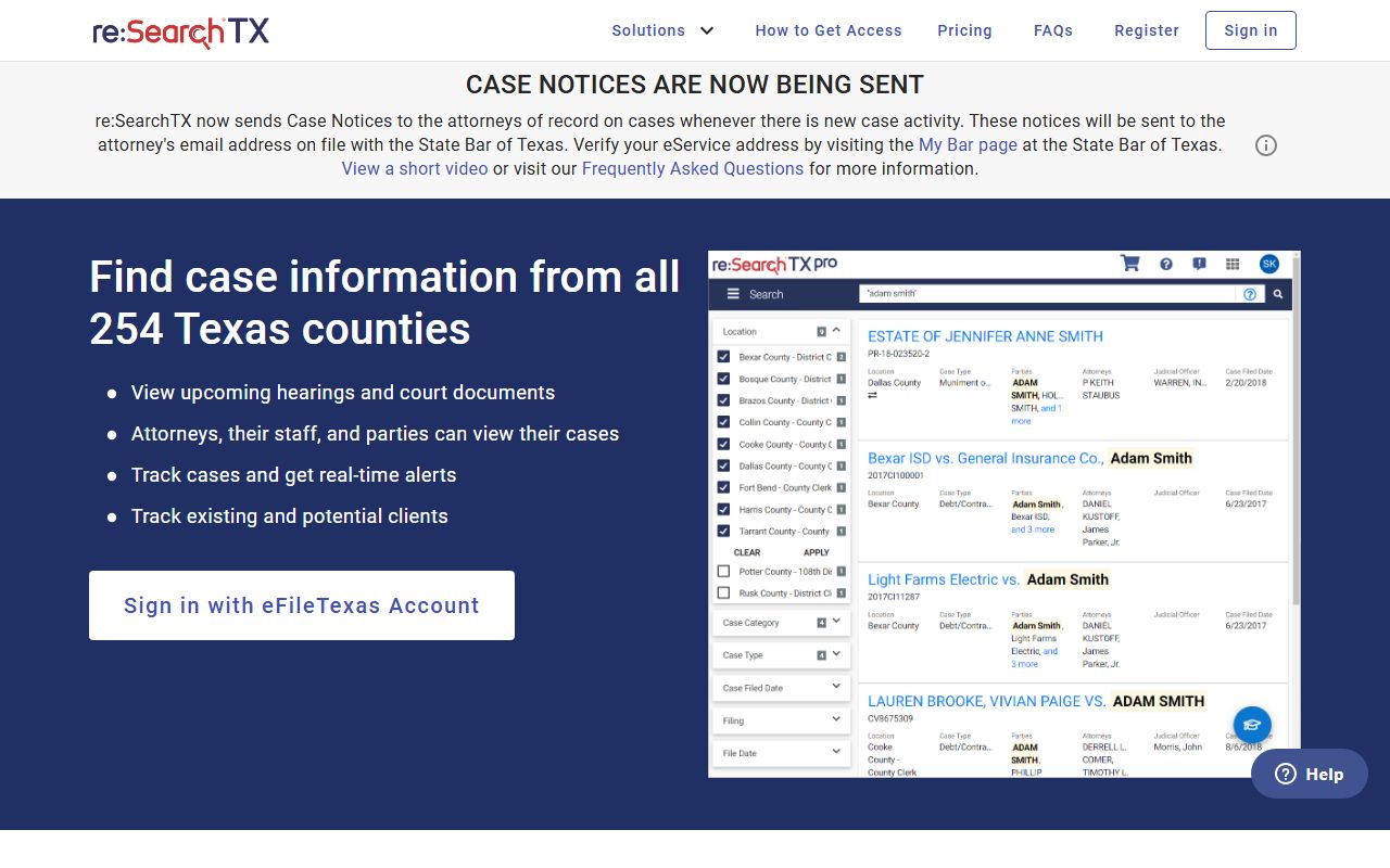 re:SearchTX statewide portal linked for Cameron County court records search