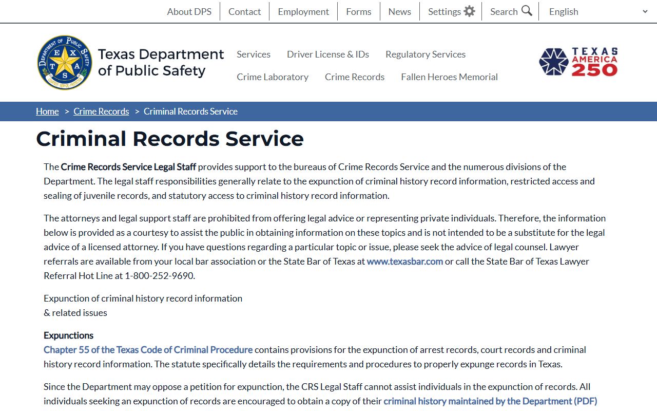 Texas DPS Crime Records Service page for statewide Cameron County criminal records