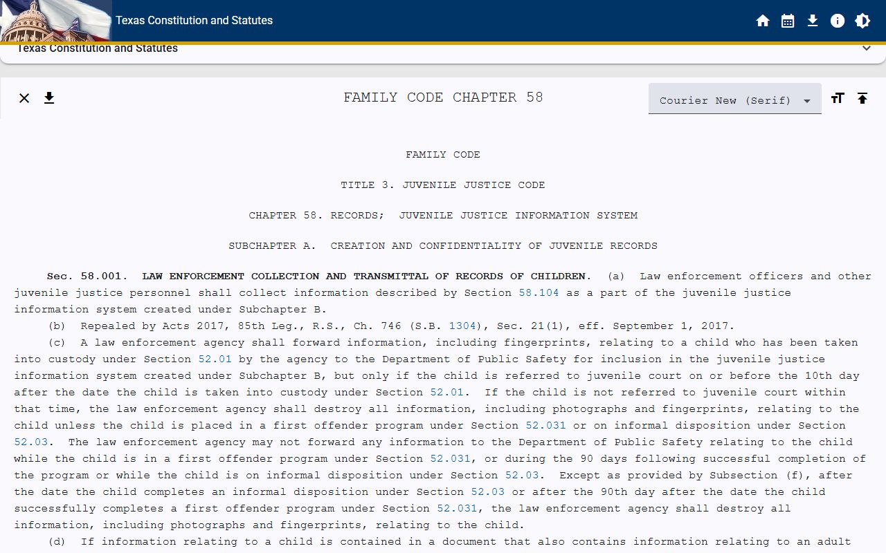 Family Code Chapter 58 juvenile record confidentiality affecting Cameron County criminal records