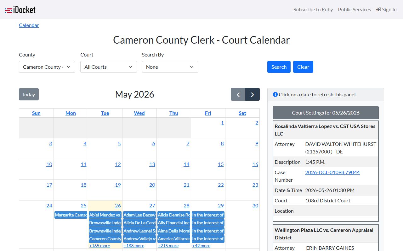 iDocket district court calendar for Cameron County court records