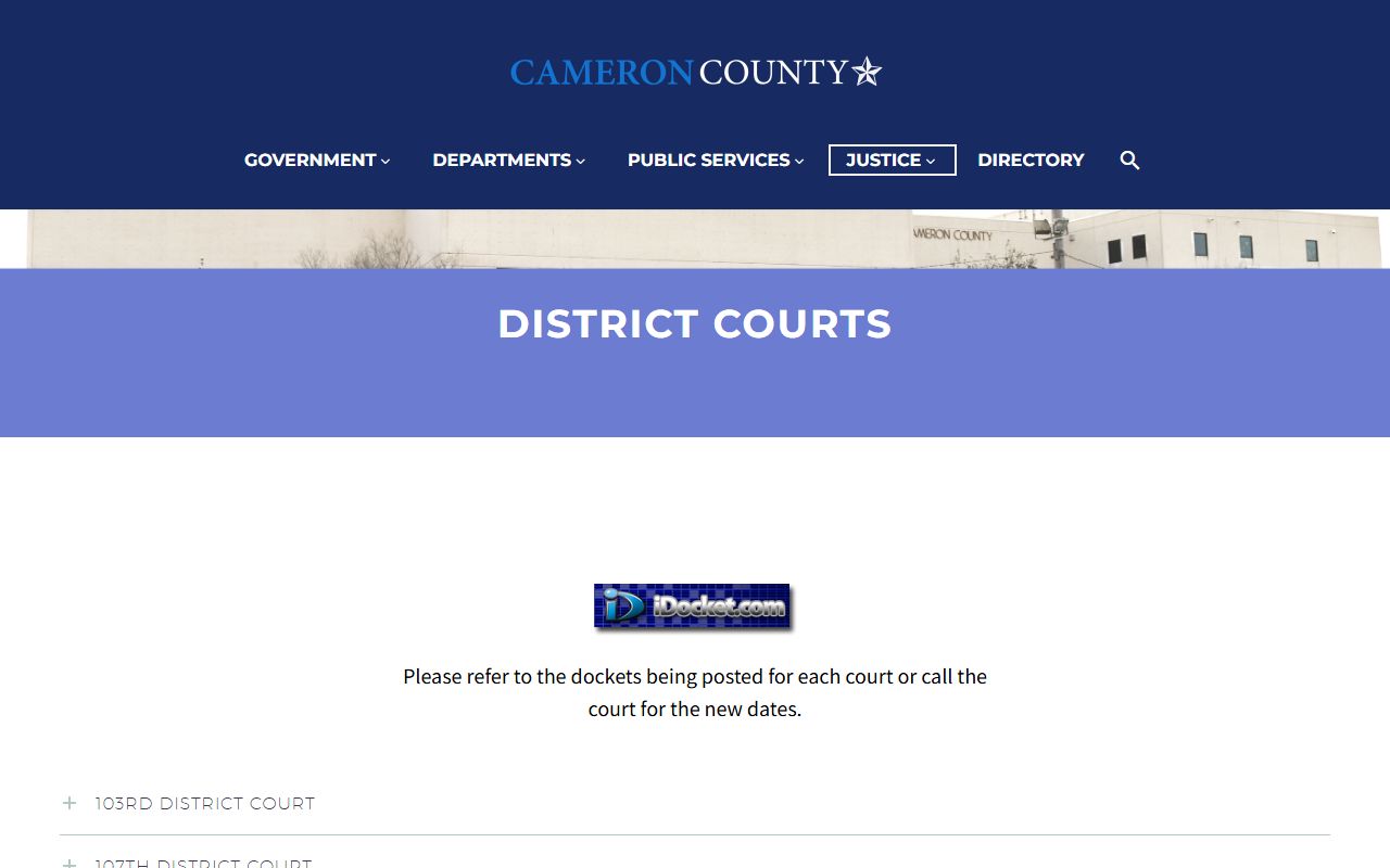 Cameron County District Courts page listing numbered courts and judges for court records