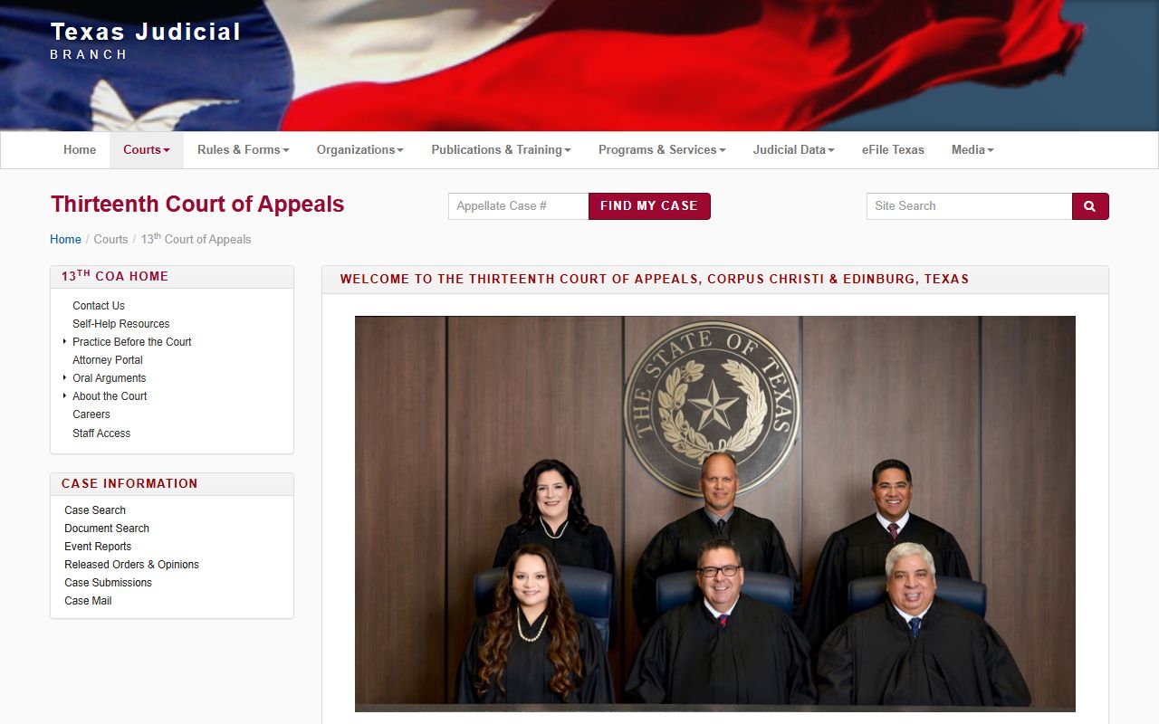 Thirteenth Court of Appeals page that hears Cameron County court records appeals