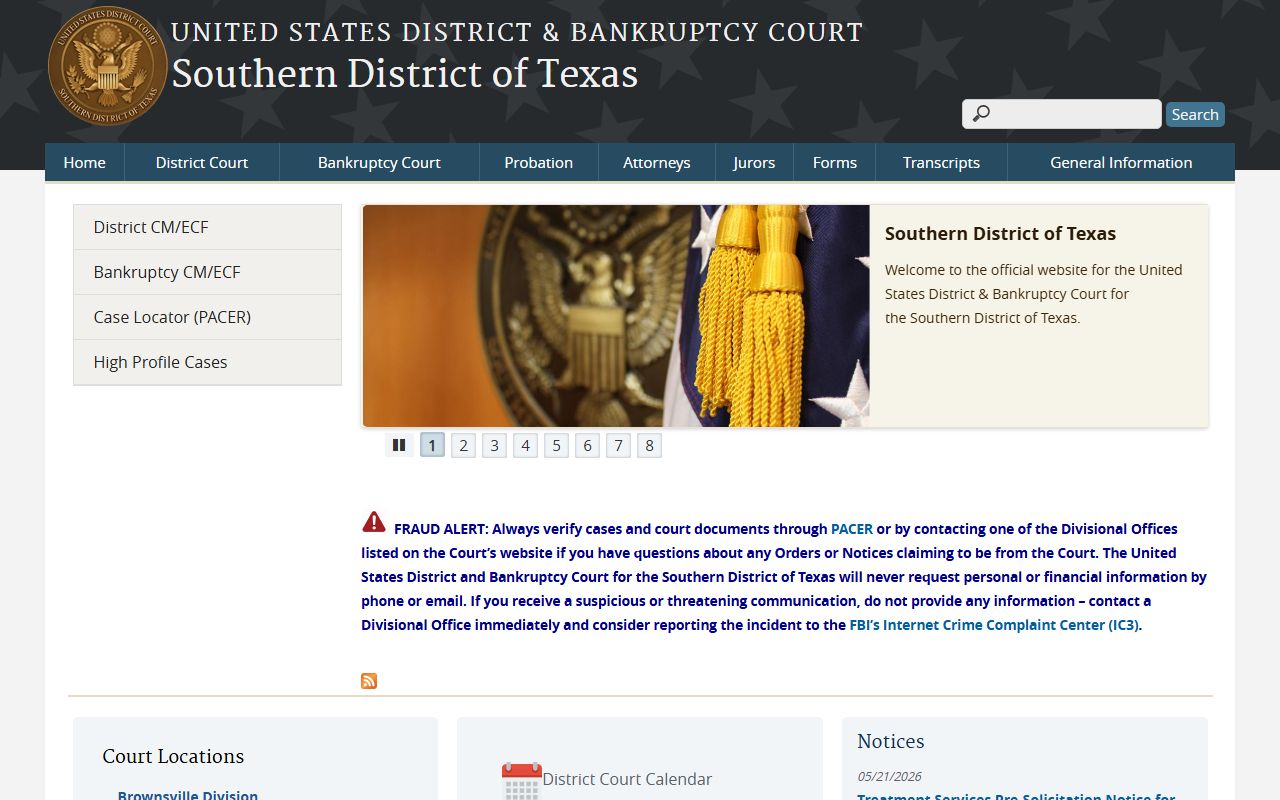 U.S. District Court Southern District of Texas page covering Cameron County court records