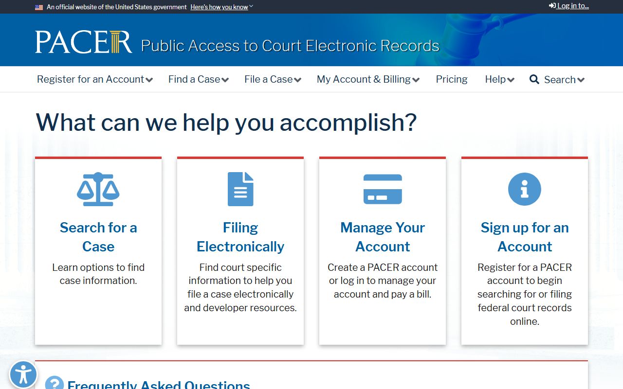 PACER federal court records registration and access page for Cameron County cases