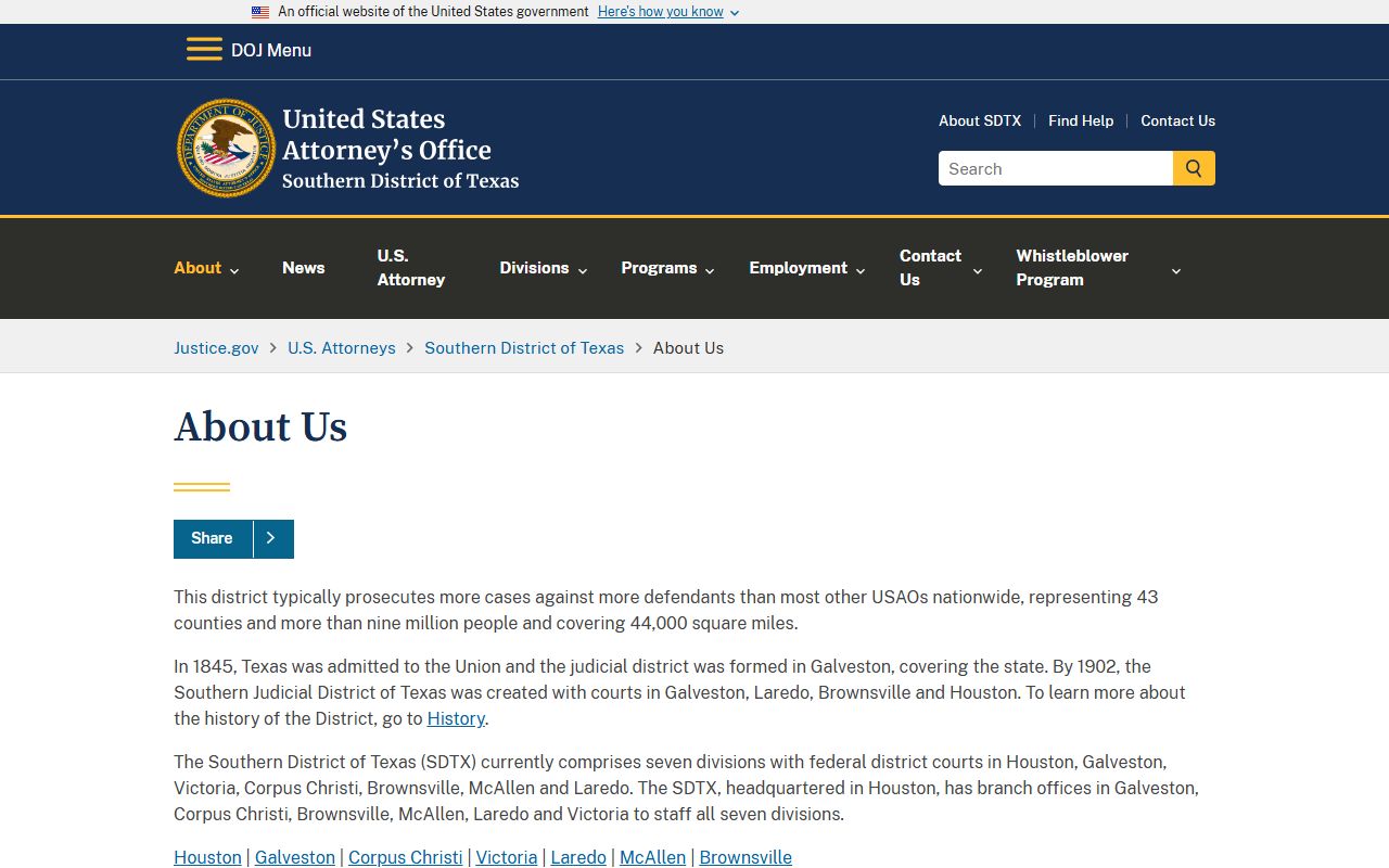 U.S. Attorney Southern District of Texas divisions page for Cameron County court records