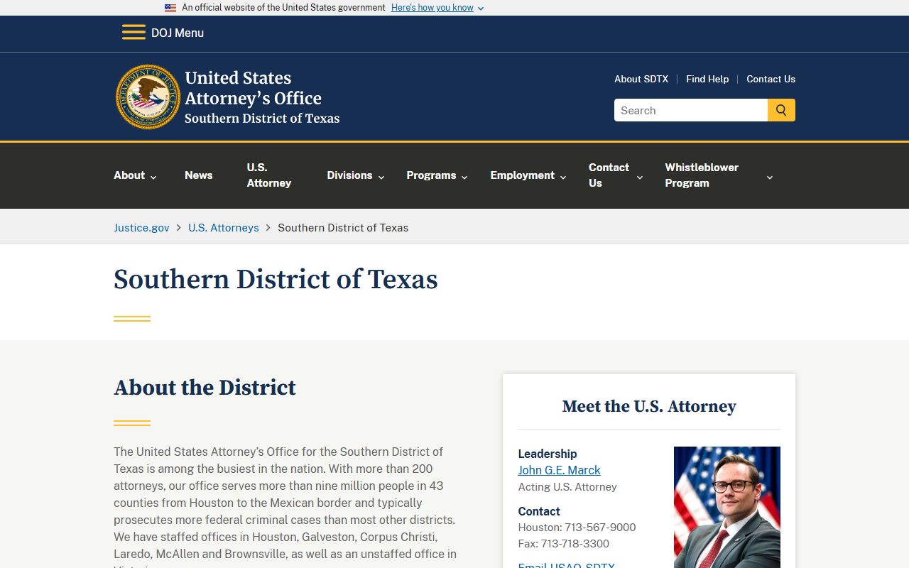 U.S. Attorney Southern District of Texas home page tied to Cameron County federal court records