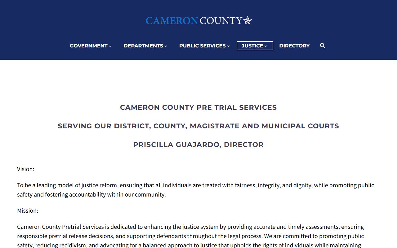 Cameron County Pretrial Services and indigent defense page for court records users