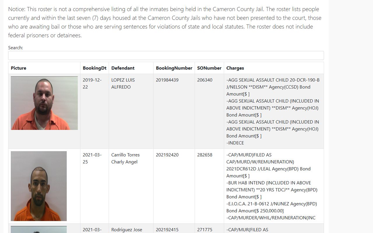 Cameron County inmate list interface showing jail roster court records search table