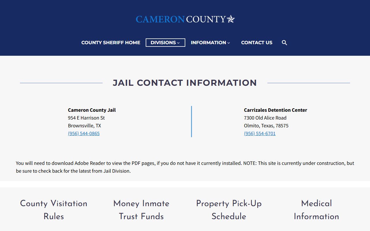 Cameron County Jail Division page with inmate records and jail roster court records contacts