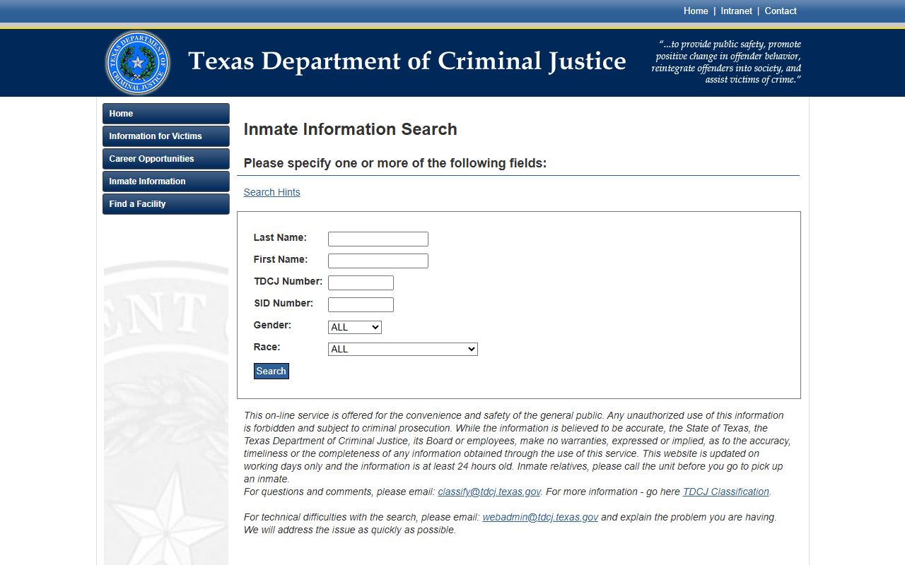 Texas Department of Criminal Justice offender search for Cameron County inmate court records