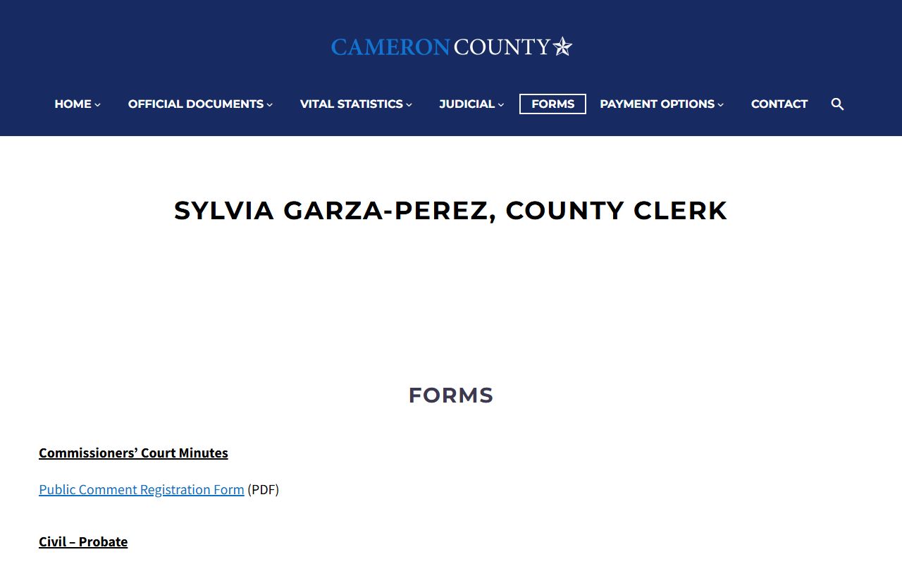 Cameron County Clerk forms page with probate records request and estate forms