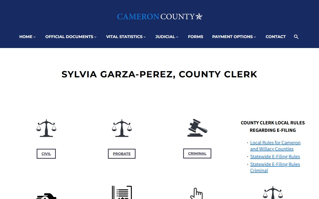 Cameron County Clerk Judicial page linking probate records and court search tools