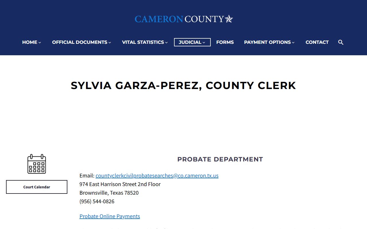 Cameron County Clerk Probate Department page with probate records search links