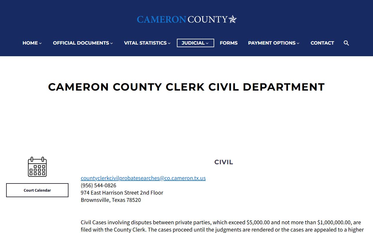 Cameron County Clerk Civil Department page for court records distinct from public records