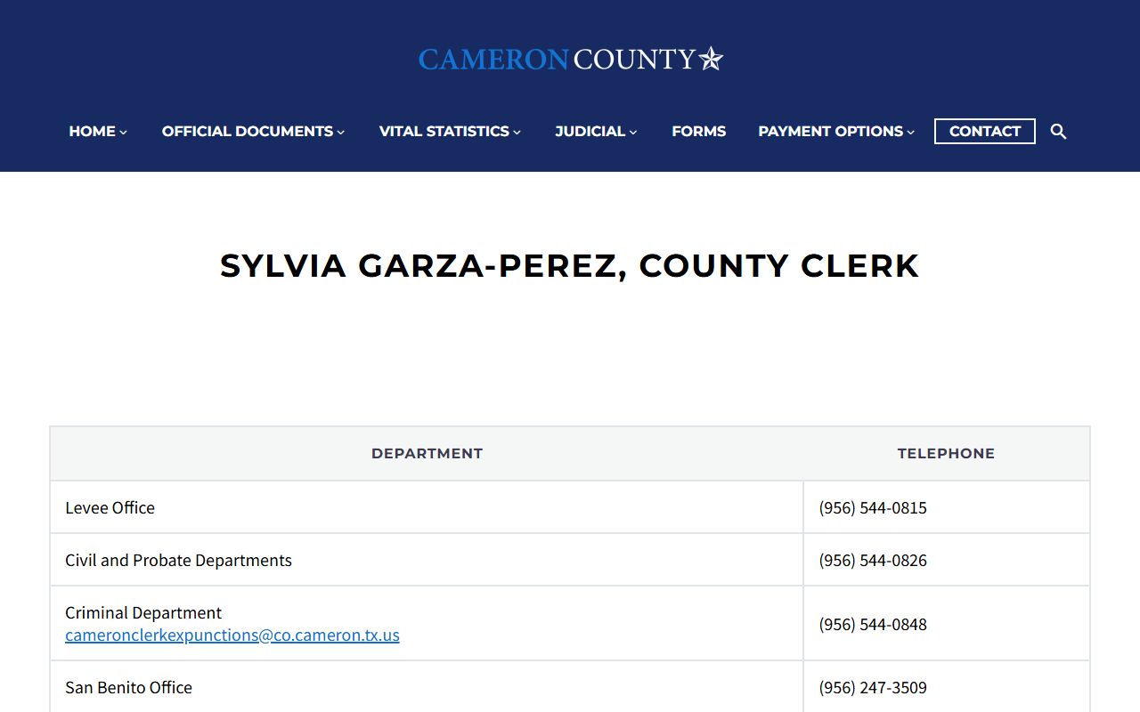 Cameron County Clerk contact page used for public records requests