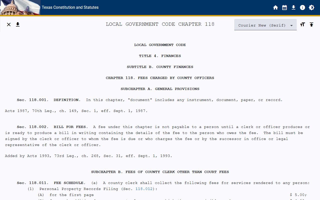Texas Local Government Code Chapter 118 setting Cameron County public records fee authority